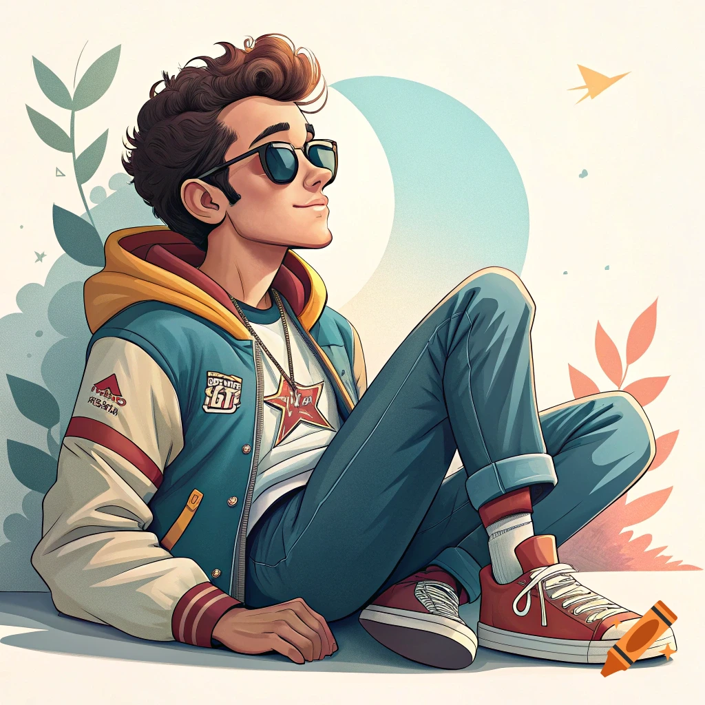 A stylized illustration of a young man with curly hair and sunglasses, wearing a bomber jacket and jeans, sitting down.
