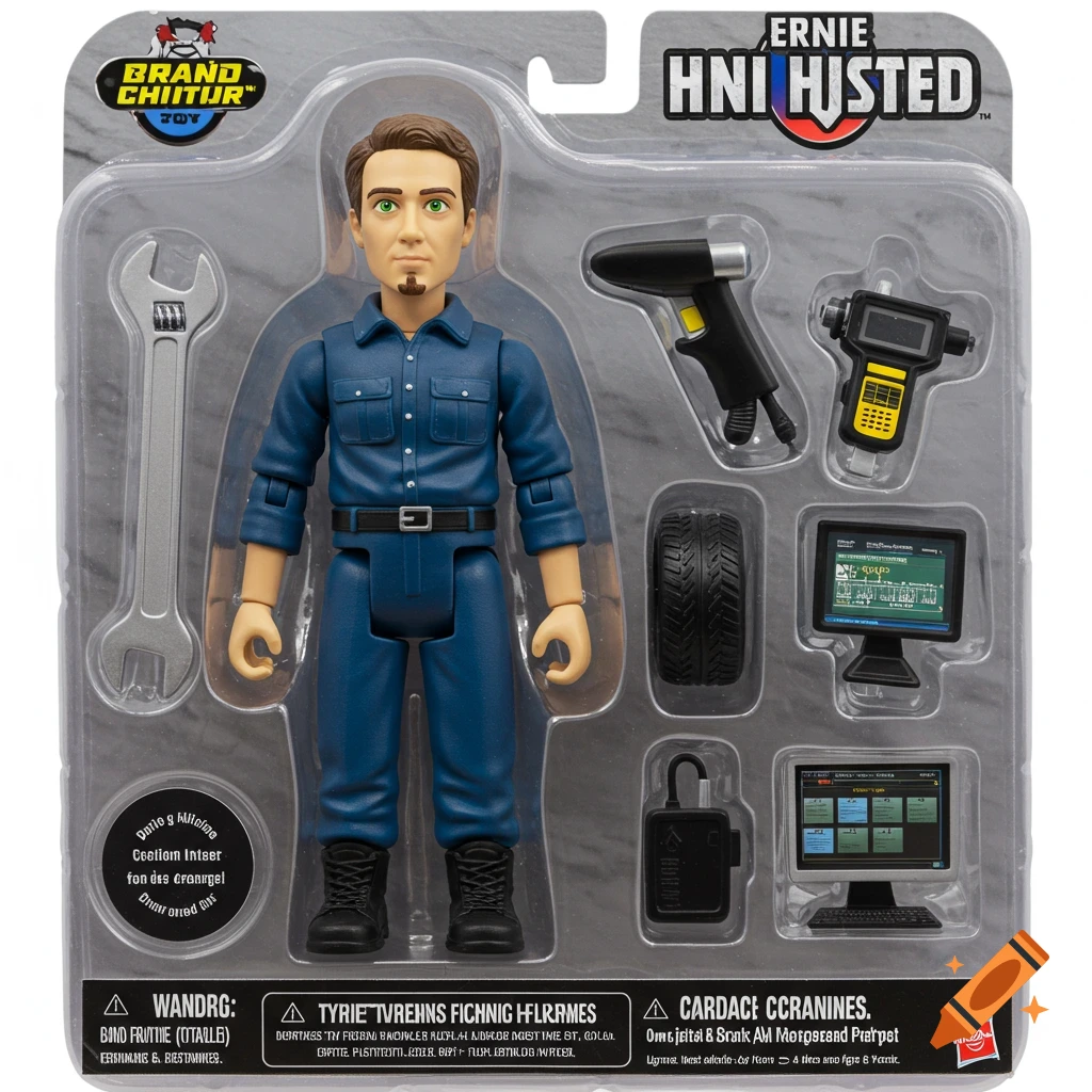 An action figure in toy packaging with accessories.