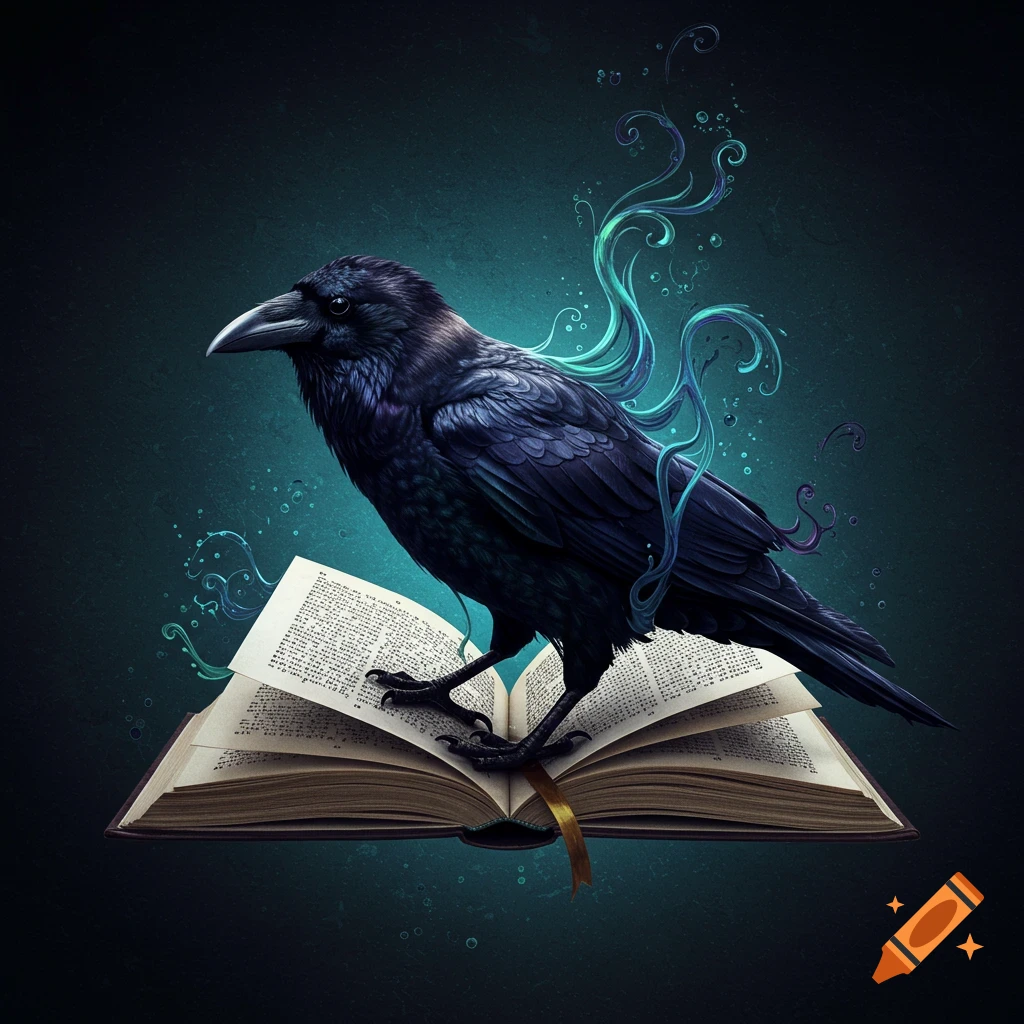 A black crow stands on an open book with glowing blue magical tendrils rising from it.