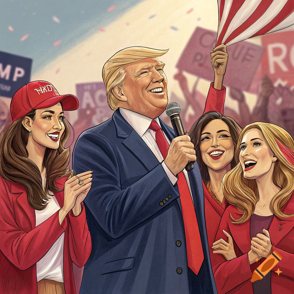 Illustration of Donald Trump speaking at a rally with women supporters.