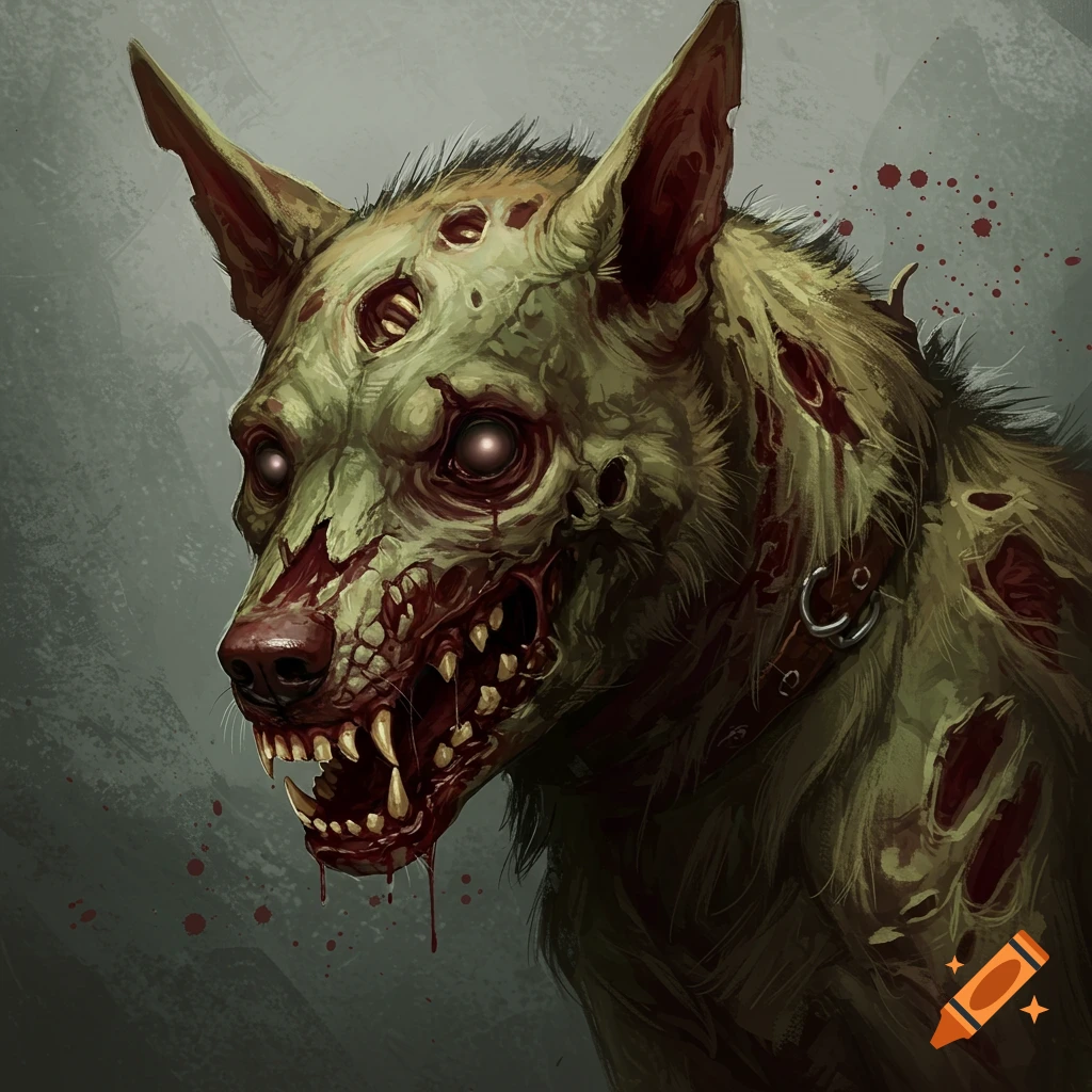 A gruesome zombie dog is covered in wounds and blood.