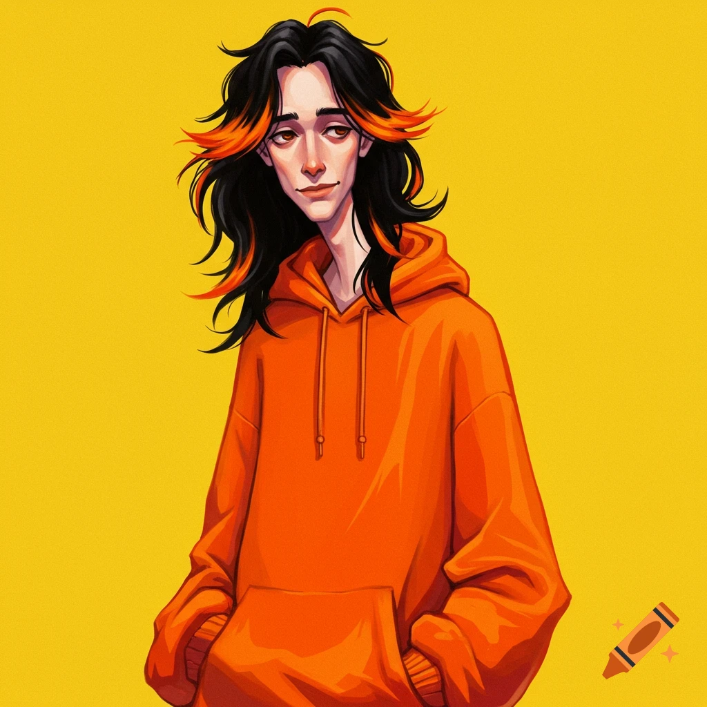 A person with black hair with orange tips wearing an orange hoodie against a yellow background.
