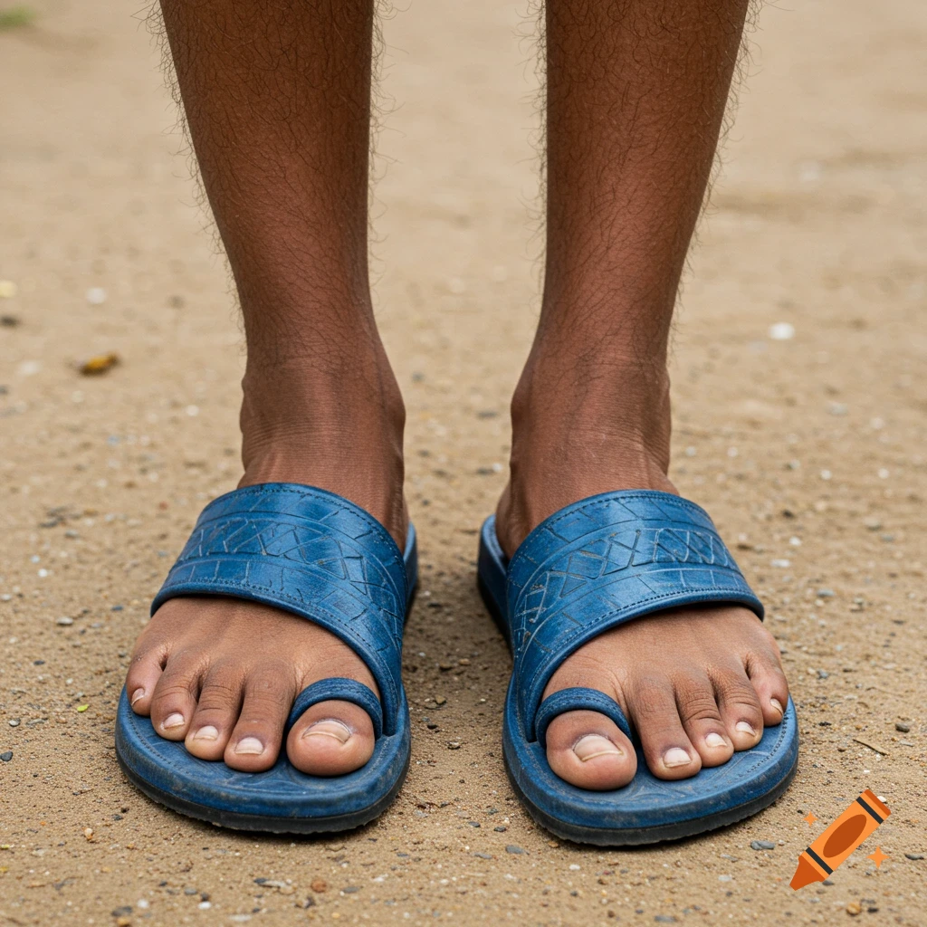 Close-up of legs and feet wearing blue sandals on sandy ground.