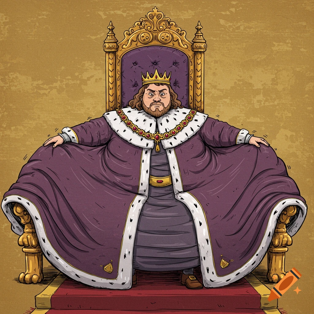 Illustration of an overweight king with very large robes sitting on a golden throne.