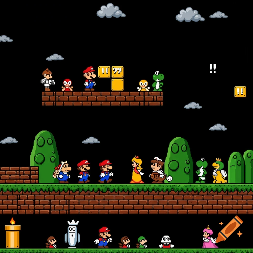 Pixelated Super Mario Bros. game scene with characters, blocks, and terrain across multiple levels.