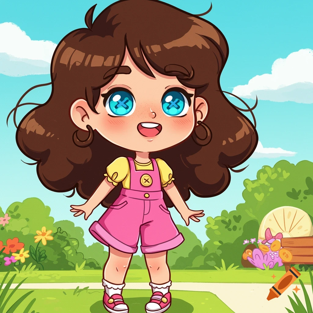 Cartoon girl in pink overalls in a park.