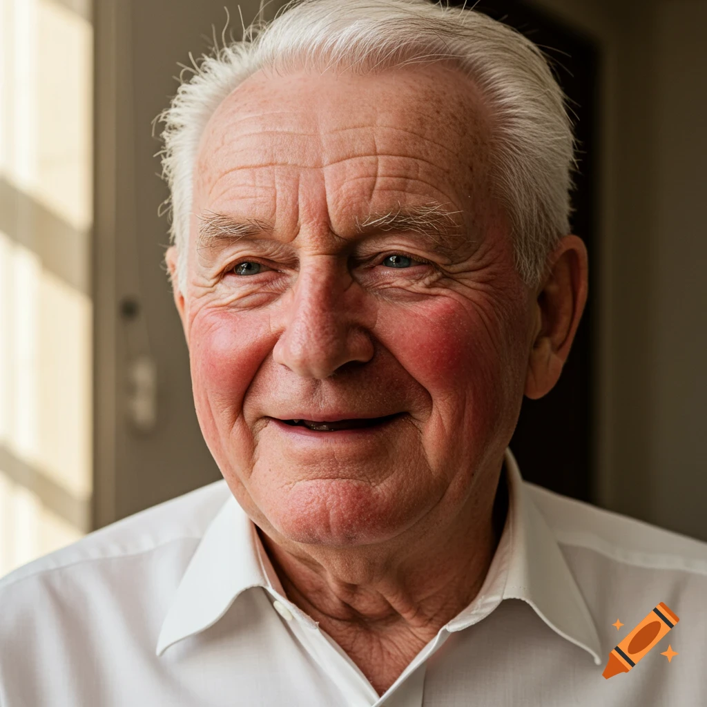 Close-up photo of an old man with white hair, reddened cheeks, and a white collared shirt, smiling slightly.