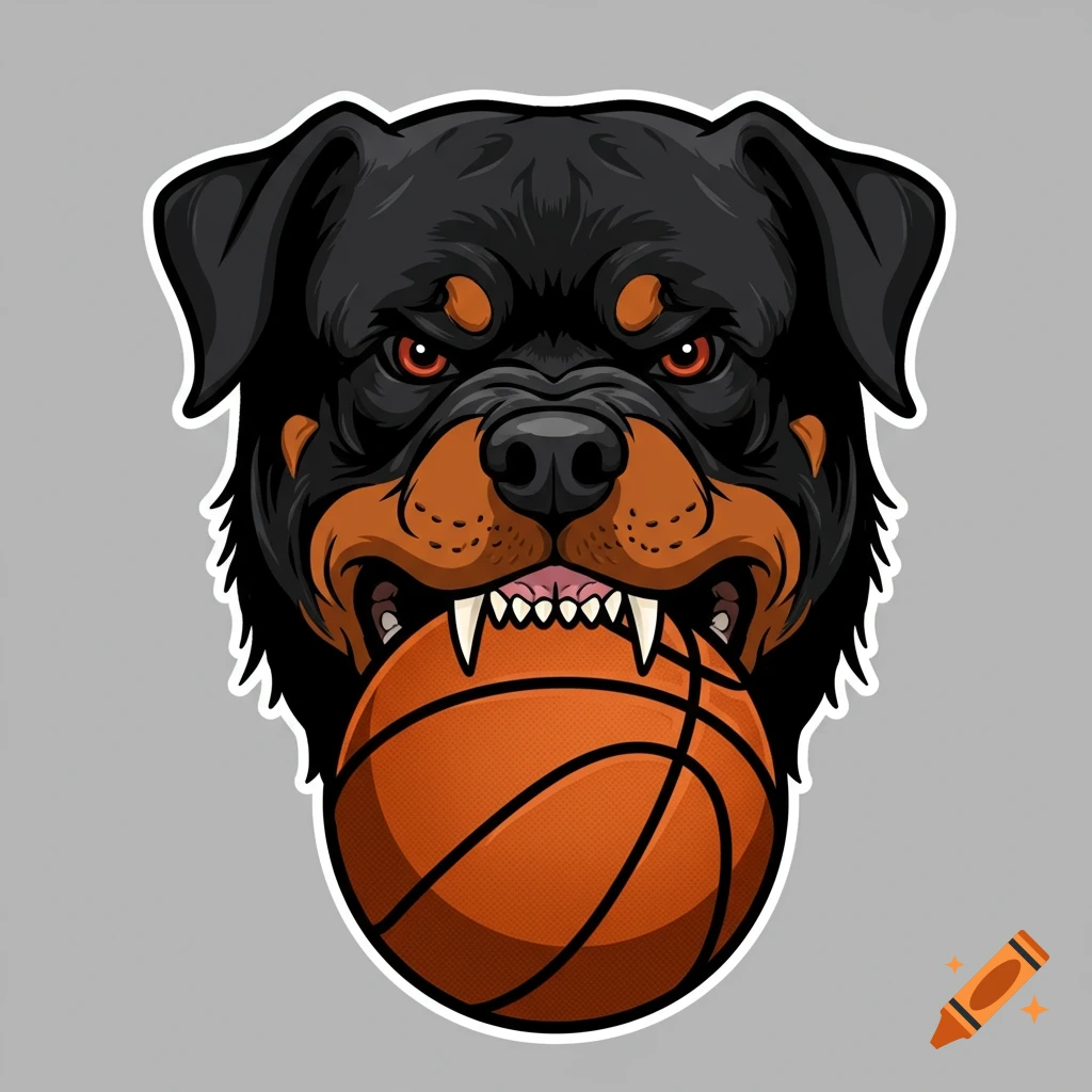 Stylized Rottweiler dog biting a basketball logo