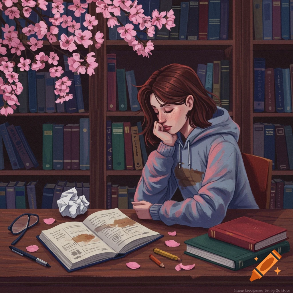 A girl studying at a desk in a library with cherry blossoms overhead.