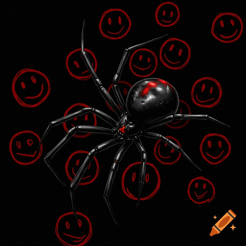 A black widow spider is surrounded by red hand-drawn smiley faces on a black background.