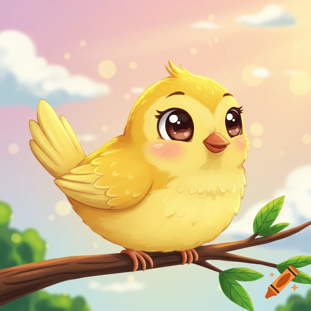 A cute cartoon yellow bird sits on a branch against a pink and yellow sky.