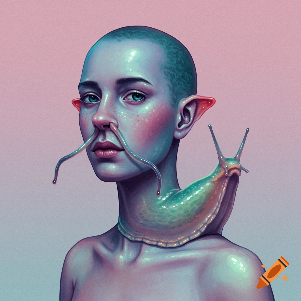 Stylized painting of a bald figure with snail features emerging from their nose and body.