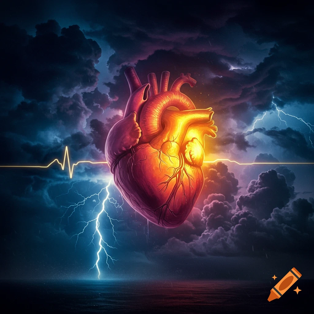 A human heart floats in a stormy sky with lightning and an ECG line.