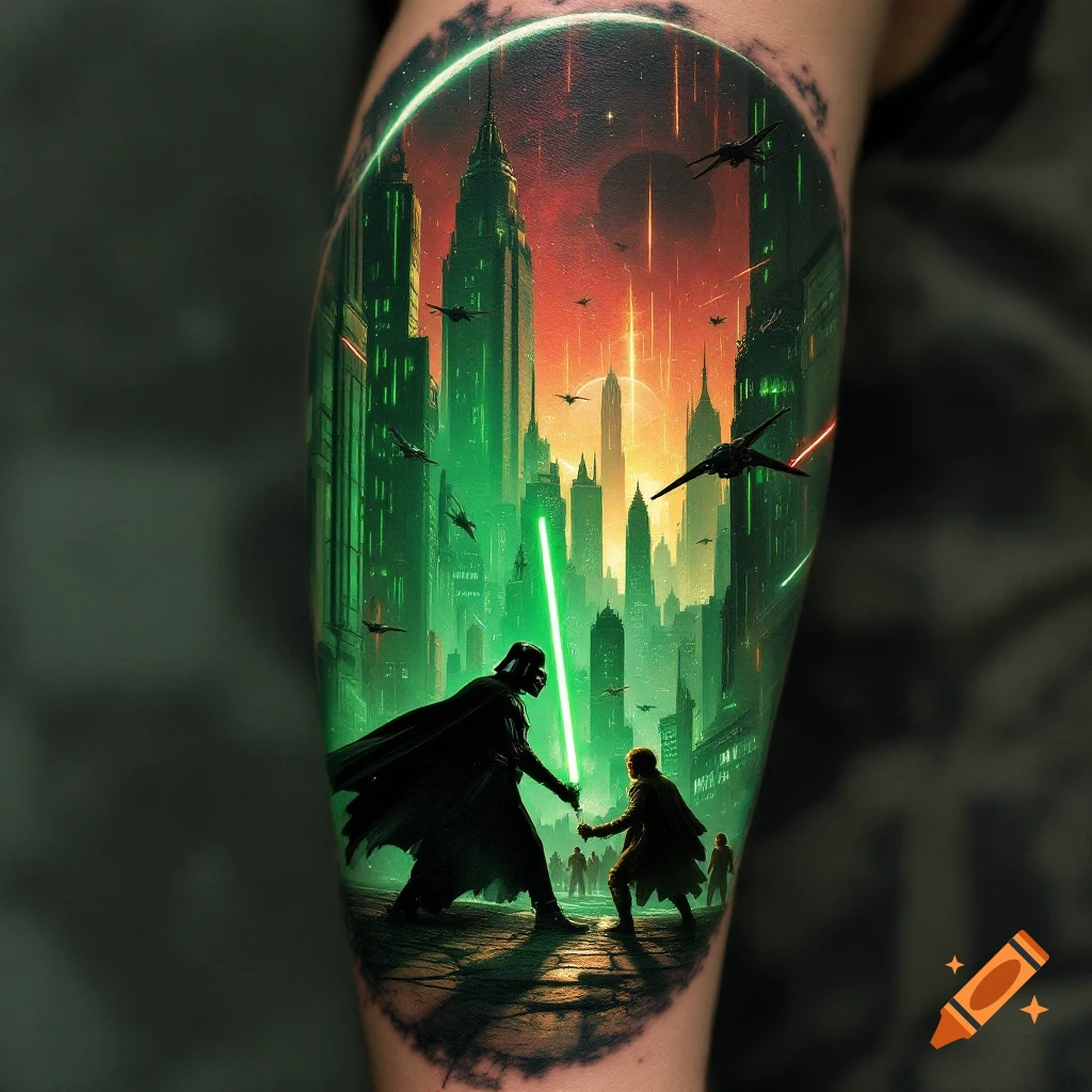 Tattoo of Darth Vader fighting Neo in a cyberpunk city with spaceships.