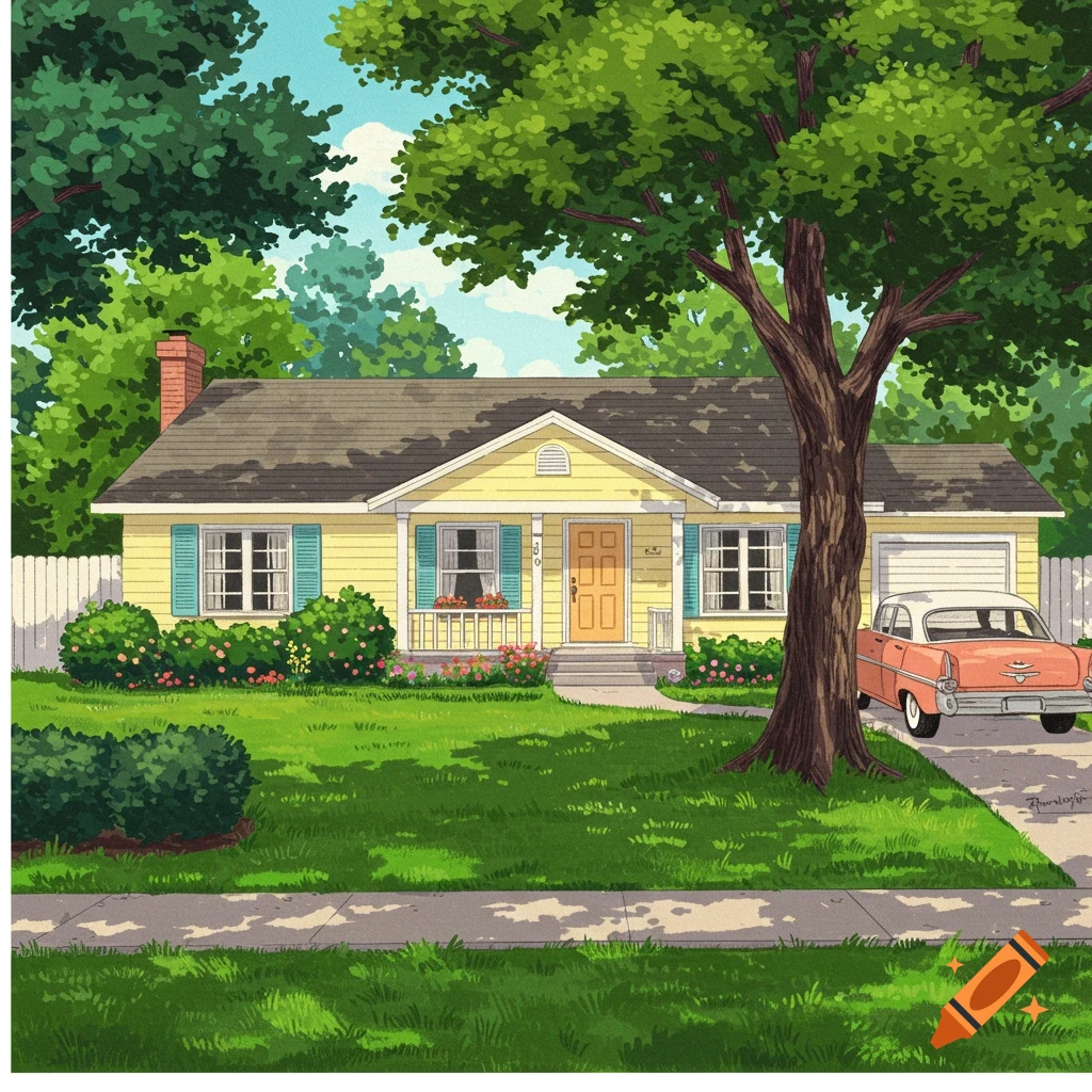 A yellow 1950s house with blue shutters and an orange car parked in the driveway.