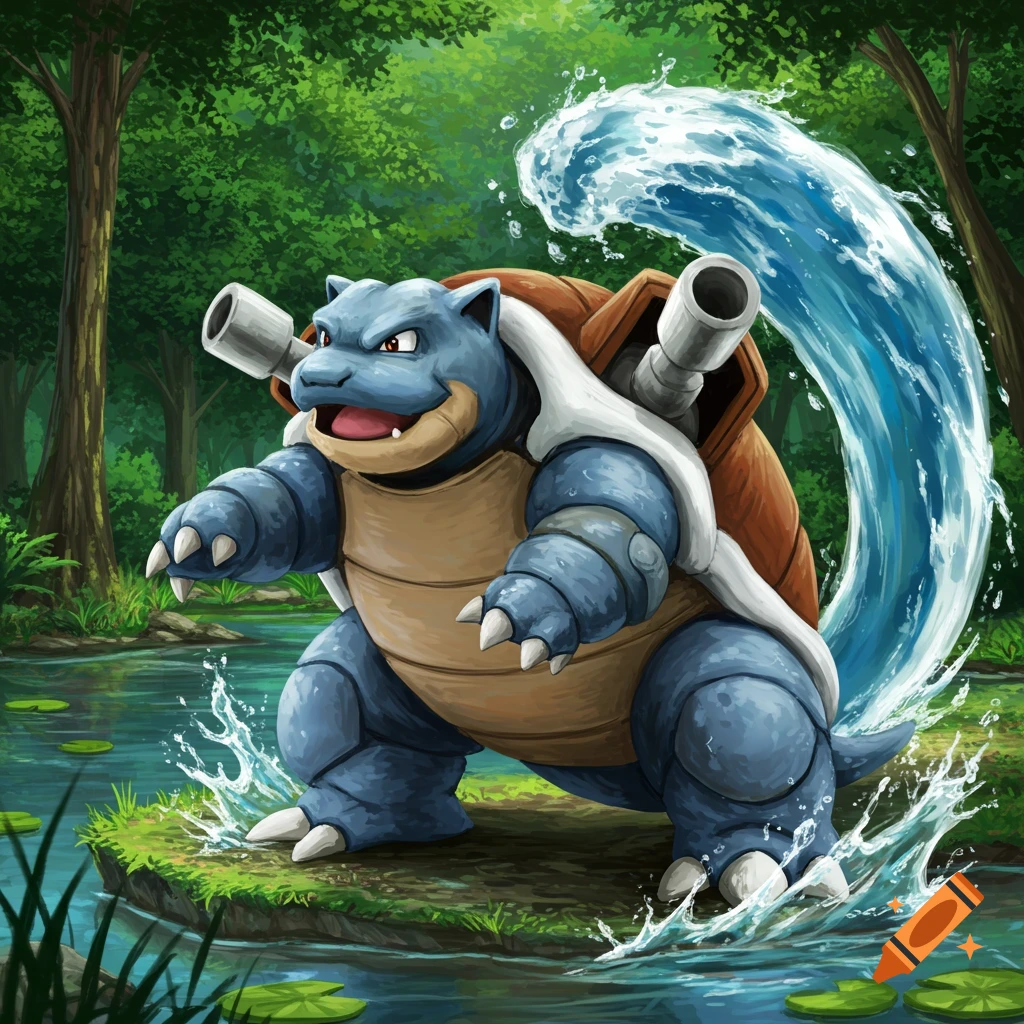 Blastoise shooting water from its cannons in a forest pond.