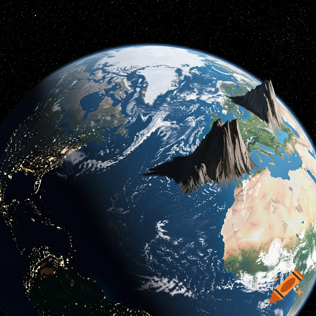 Earth from space with giant, spiky mountains protruding from the surface.