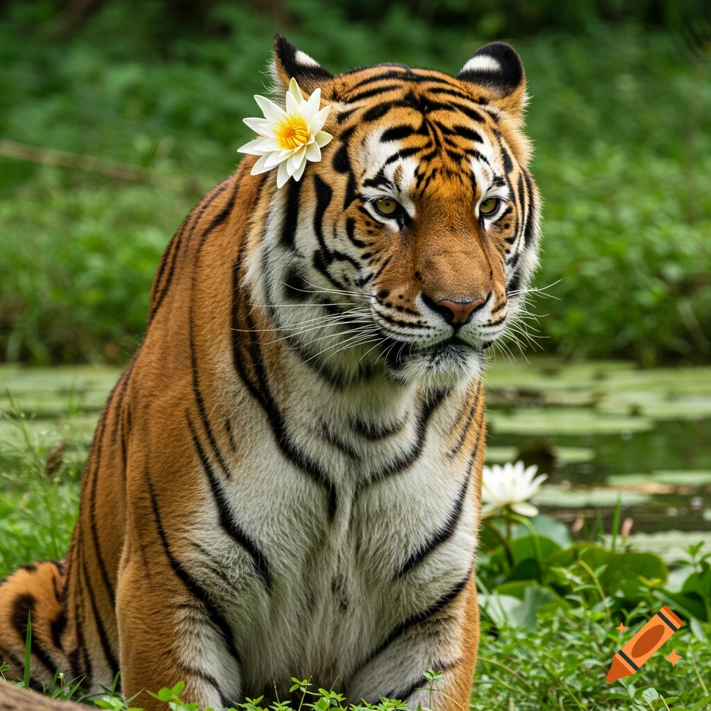 A tiger sits near a pond with a water lily flower on its ear