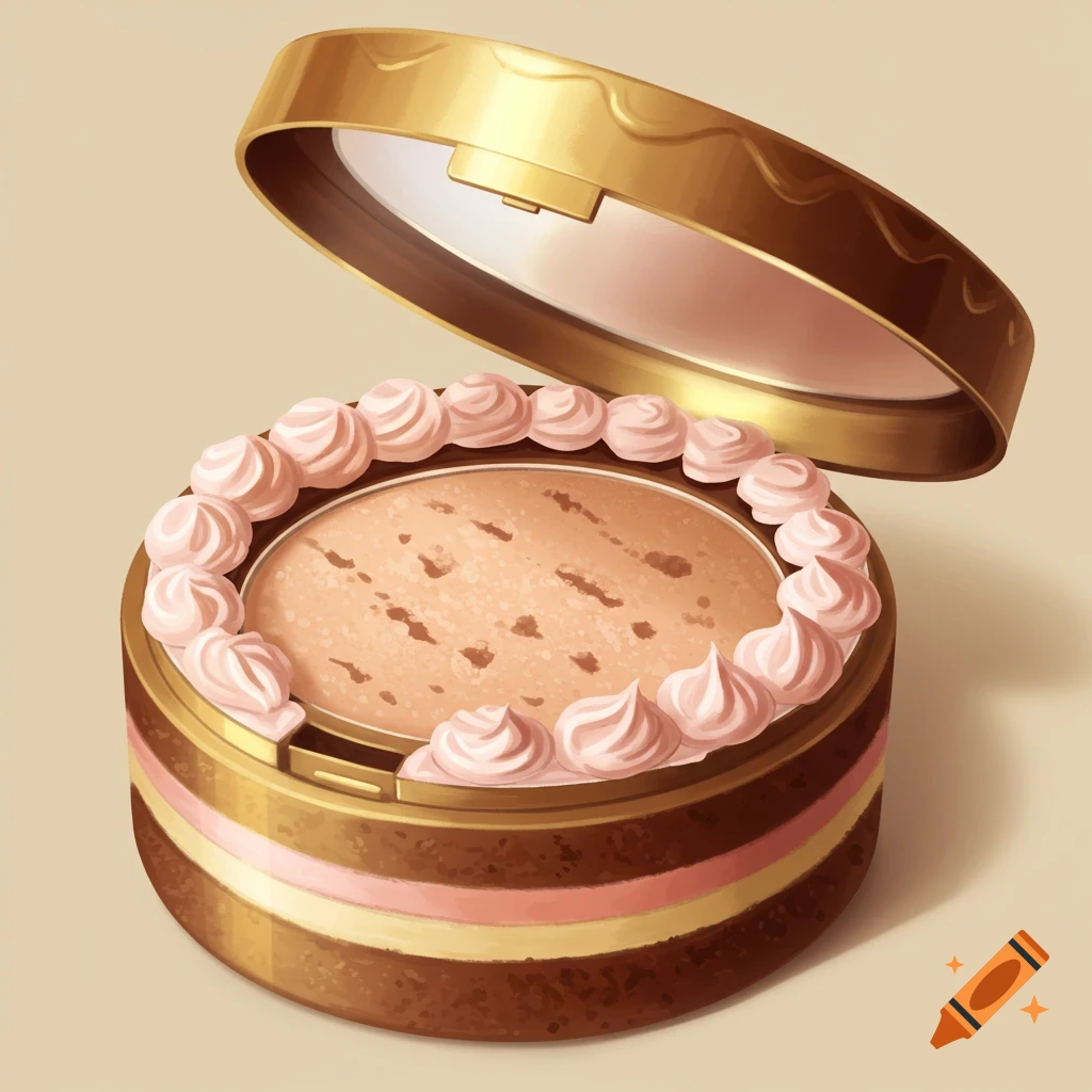 A golden makeup compact resembling a cake with pink frosting, lid slightly open.