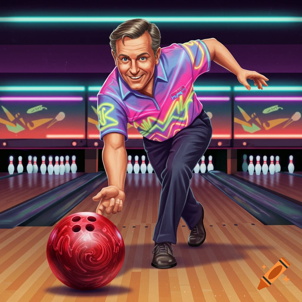 A smiling man in a colorful retro shirt bowling in a neon-lit alley.