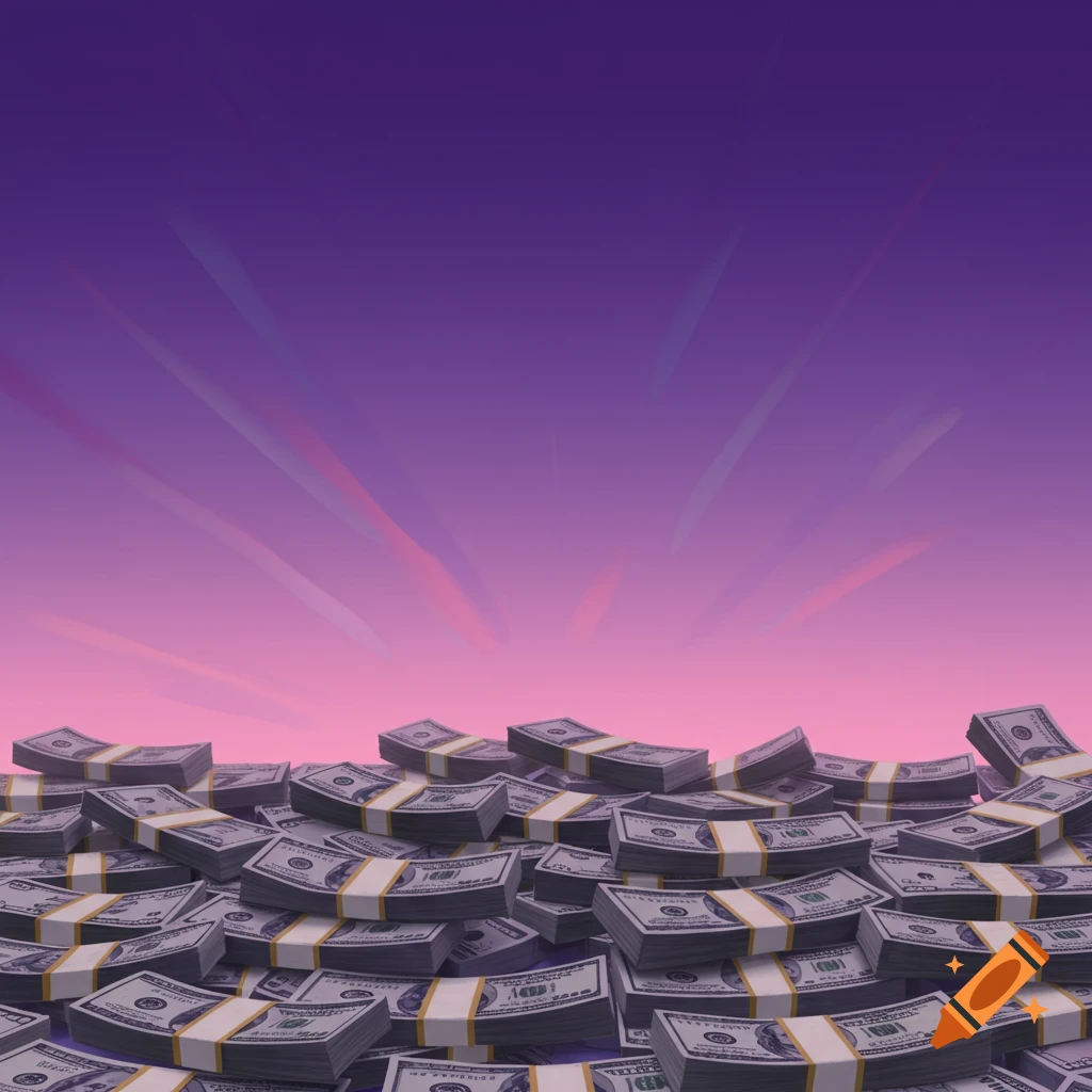 Stacks of money against a purple and pink gradient sky with light rays.