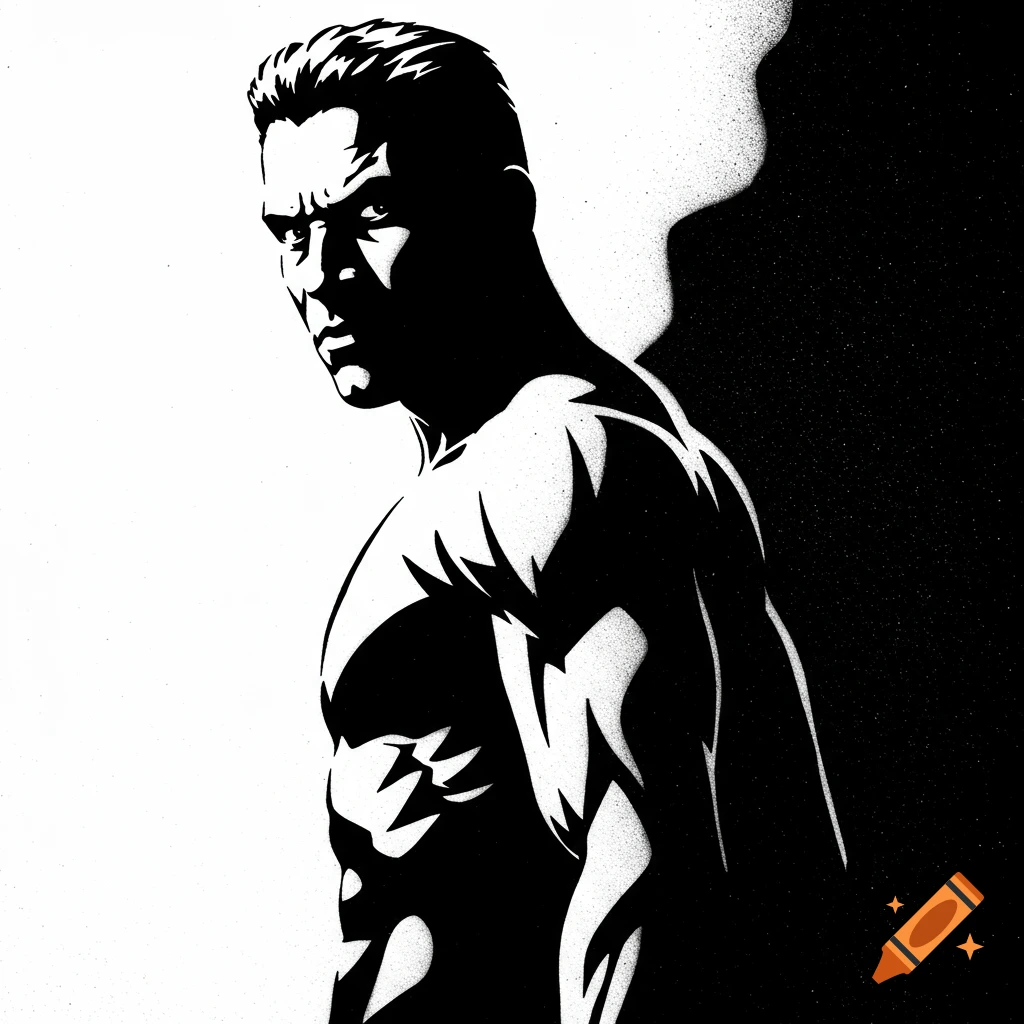 Black and white graphic illustration of a muscular man looking over his shoulder in a stencil style.