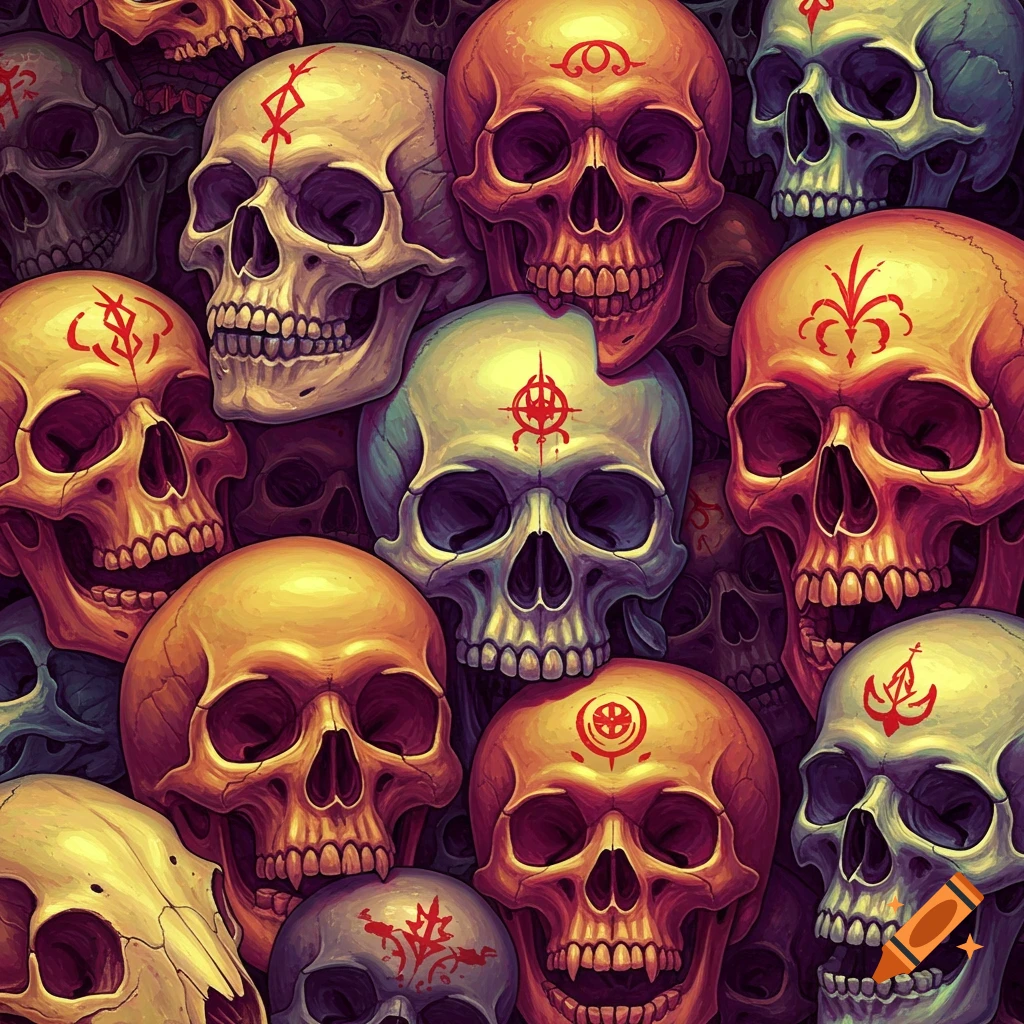 Pile of skulls with symbols on their foreheads.