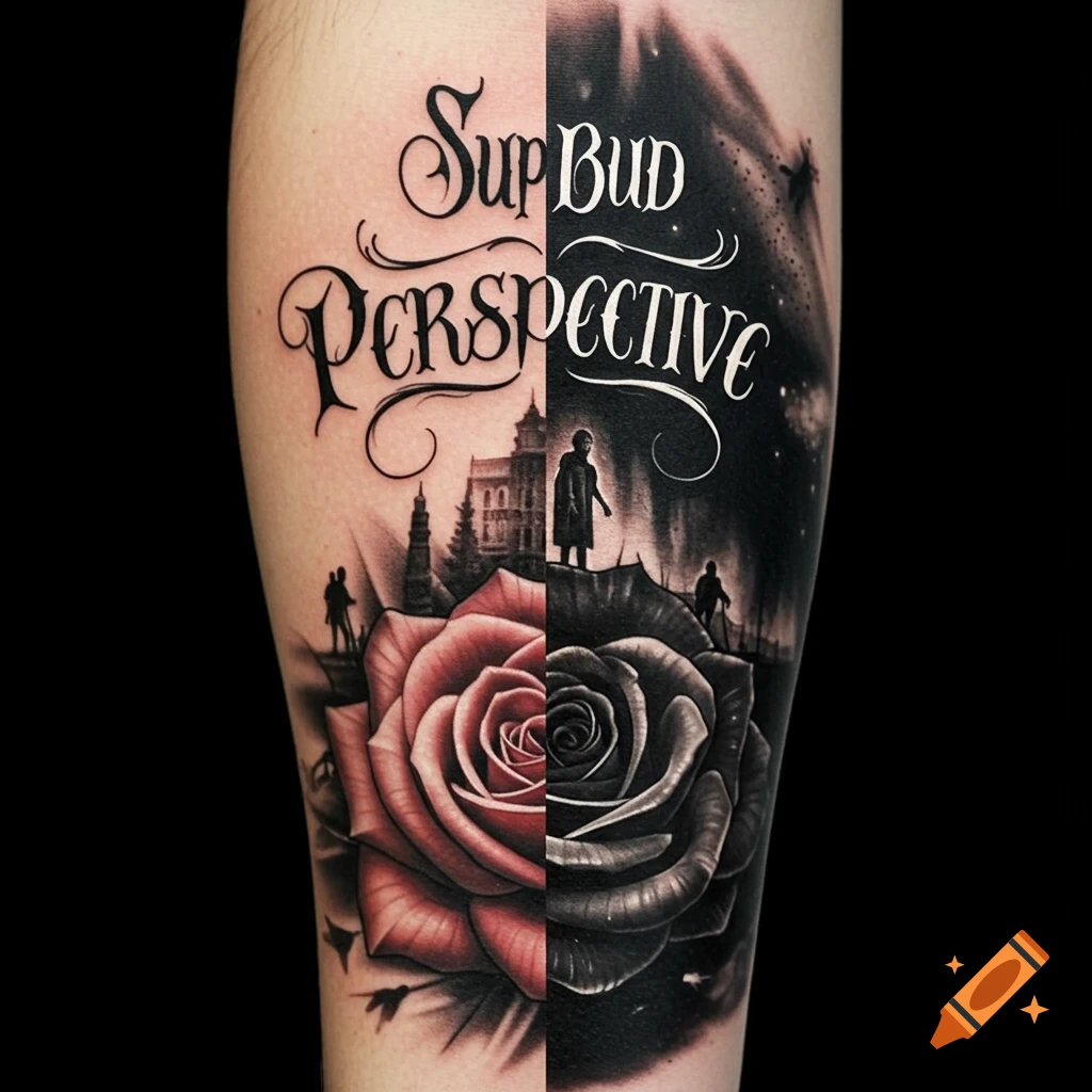 Split tattoo design on arm: red rose and bright scene with 'Sup BUD Perspective', black rose and dark scene with 'PERSPECTIVE'.