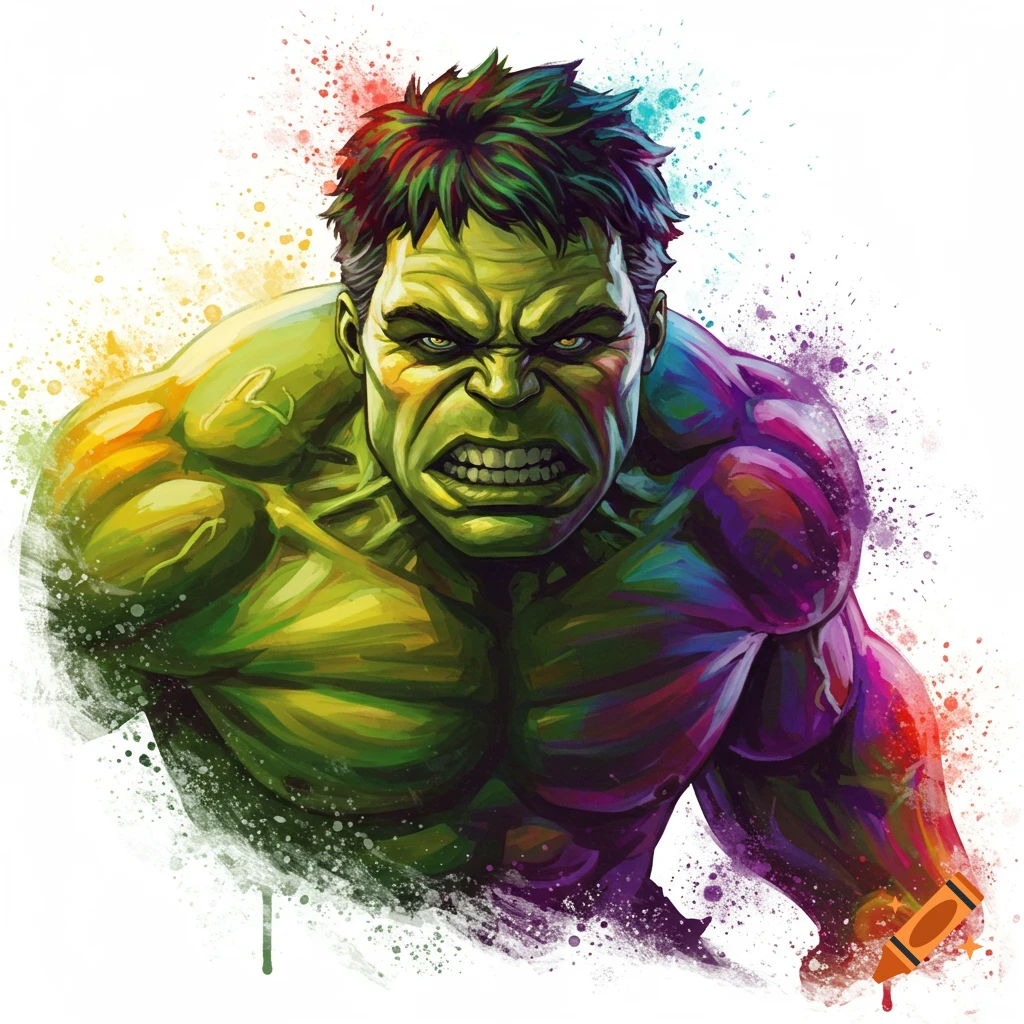 The Hulk is covered in rainbow paint splatters