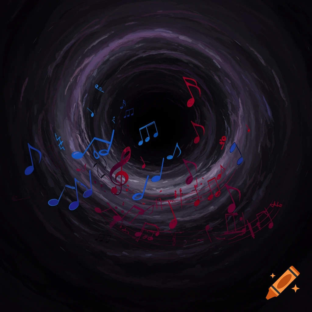 Blue and red music notes swirl in a dark vortex.
