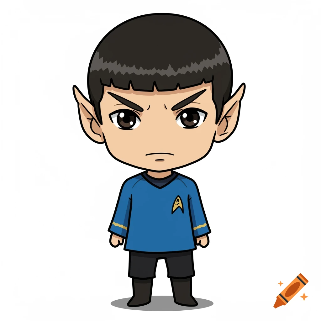 Anime-style chibi illustration of Spock from Star Trek in a blue uniform.