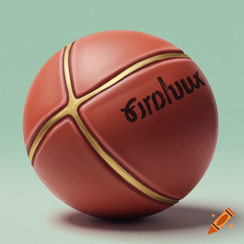 A close-up of an orange basketball with golden stripes and illegible text.