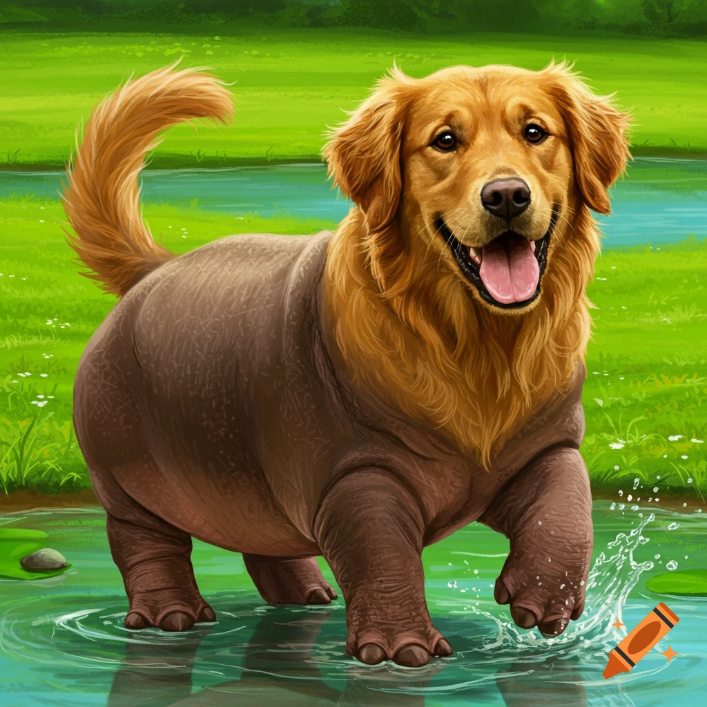 A hippo-dog hybrid creature standing in water.