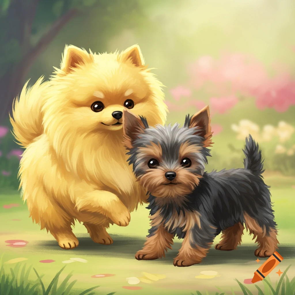 A golden Pomeranian and a grey and brown Yorkshire Terrier puppy in a park.