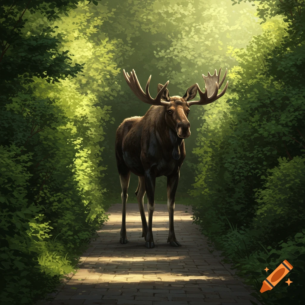 A large moose standing on a brick path in a sunny forest.