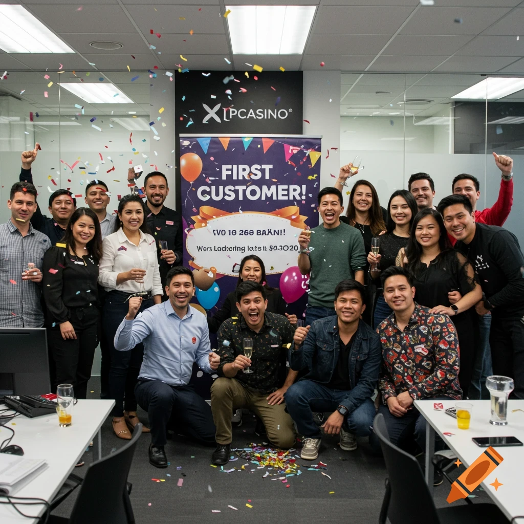 A diverse group of people celebrate in an office, surrounded by confetti. A banner behind them reads "First Customer!".