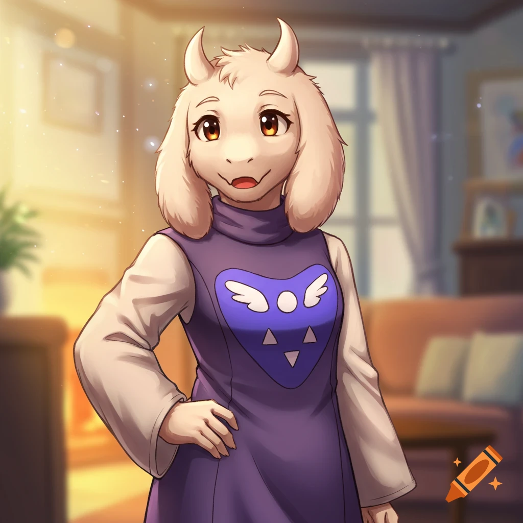 Toriel from Undertale, a goat-like character in a purple dress, smiles and poses in a room, in an anime style.