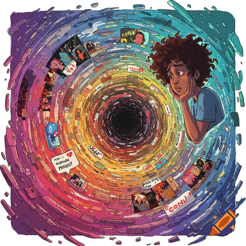 A person looking into a vortex of media, representing fear of missing out.