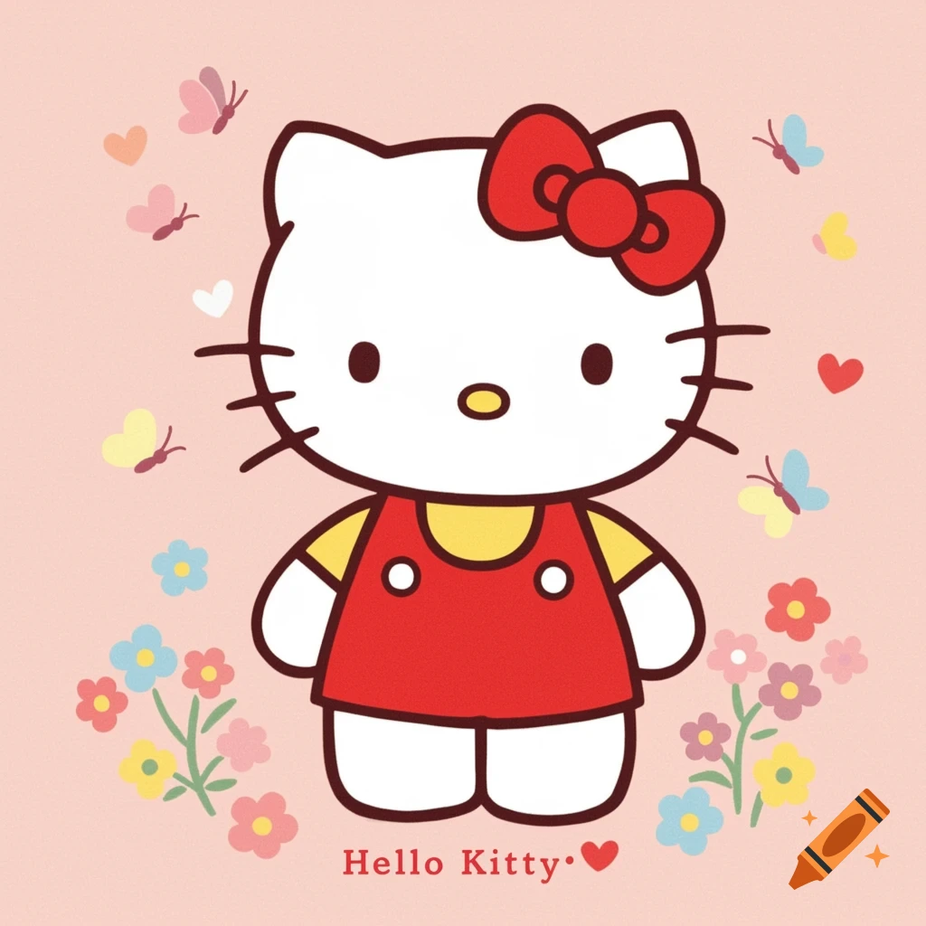 Hello Kitty illustration in red dress with butterflies and flowers on pink background.