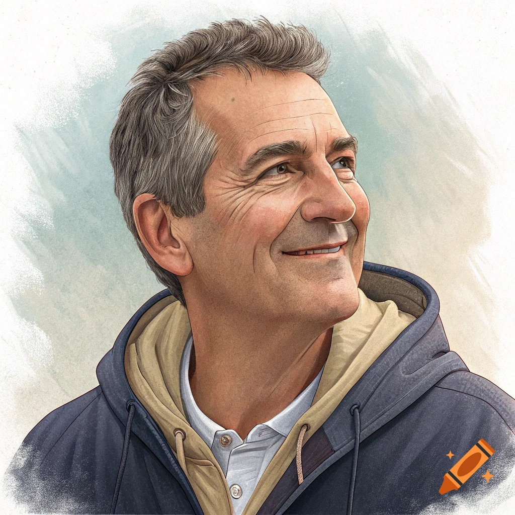 An illustrated portrait of a middle-aged man smiling and looking up.