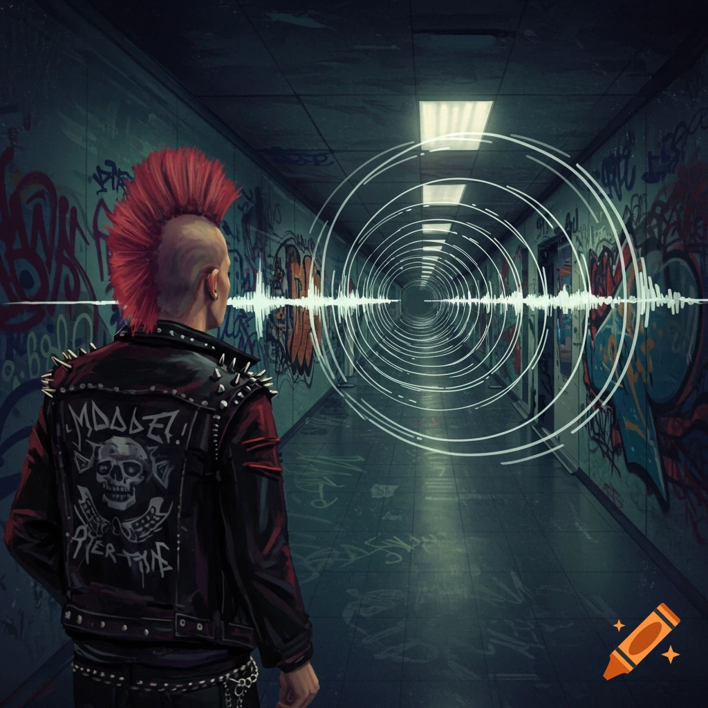 A punk with a red mohawk stands in a graffiti hallway, watching a reverberating sound wave graphic.