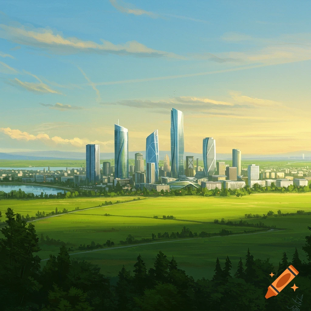 A modern city skyline with skyscrapers viewed from a green field with trees and a lake under a bright sky.