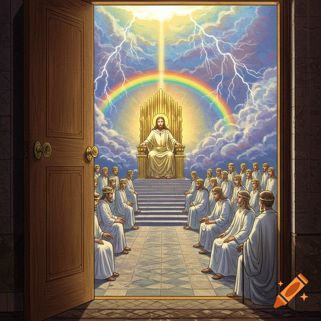 Jesus on a golden throne in heaven, surrounded by elders, with a rainbow and lightning.