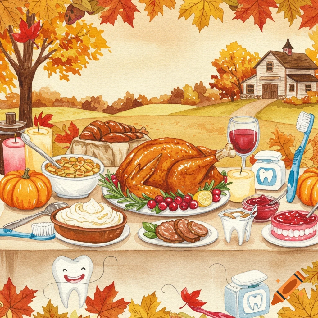 Watercolor Thanksgiving feast table with turkey, pumpkins, fall leaves, and smiling tooth characters and dental items.