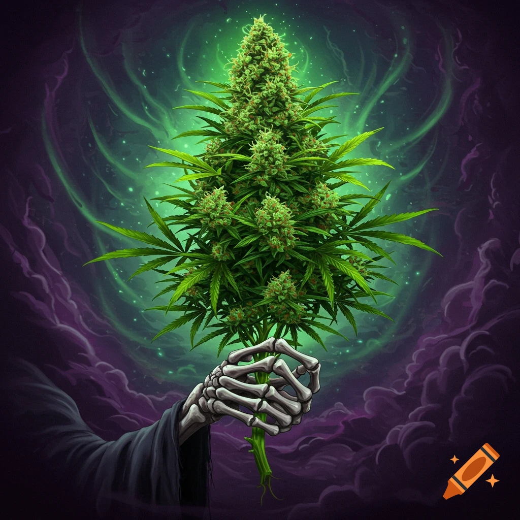 A skeletal hand holds a large marijuana plant against a dark, cloudy background.