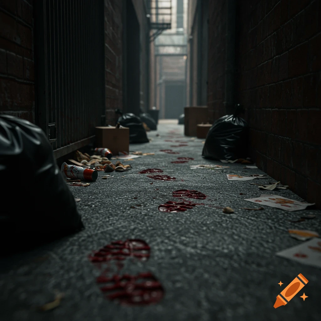 Bloody footprints lead down a dark, trash-strewn alleyway.