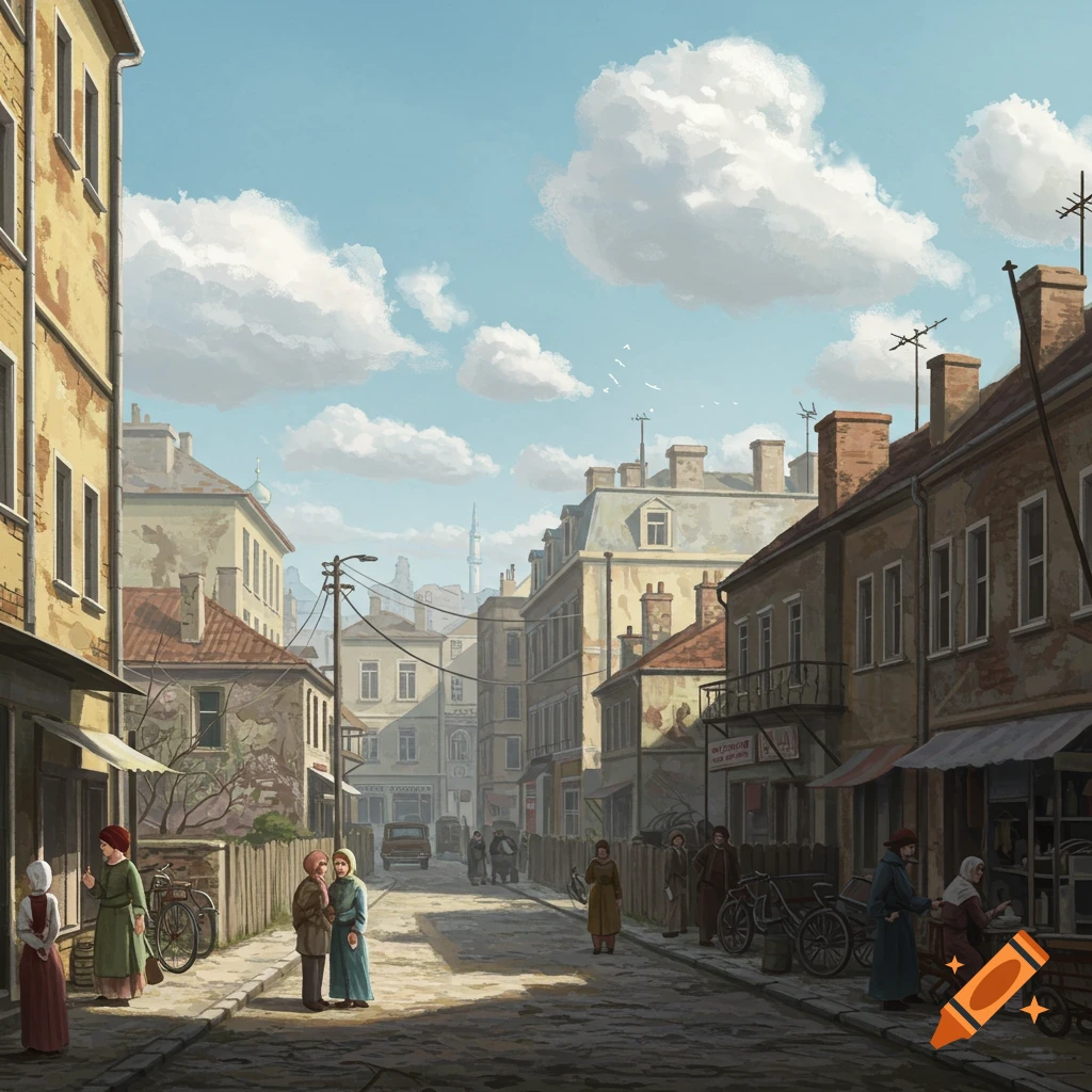 A bustling historical street scene with people, buildings, and carts.