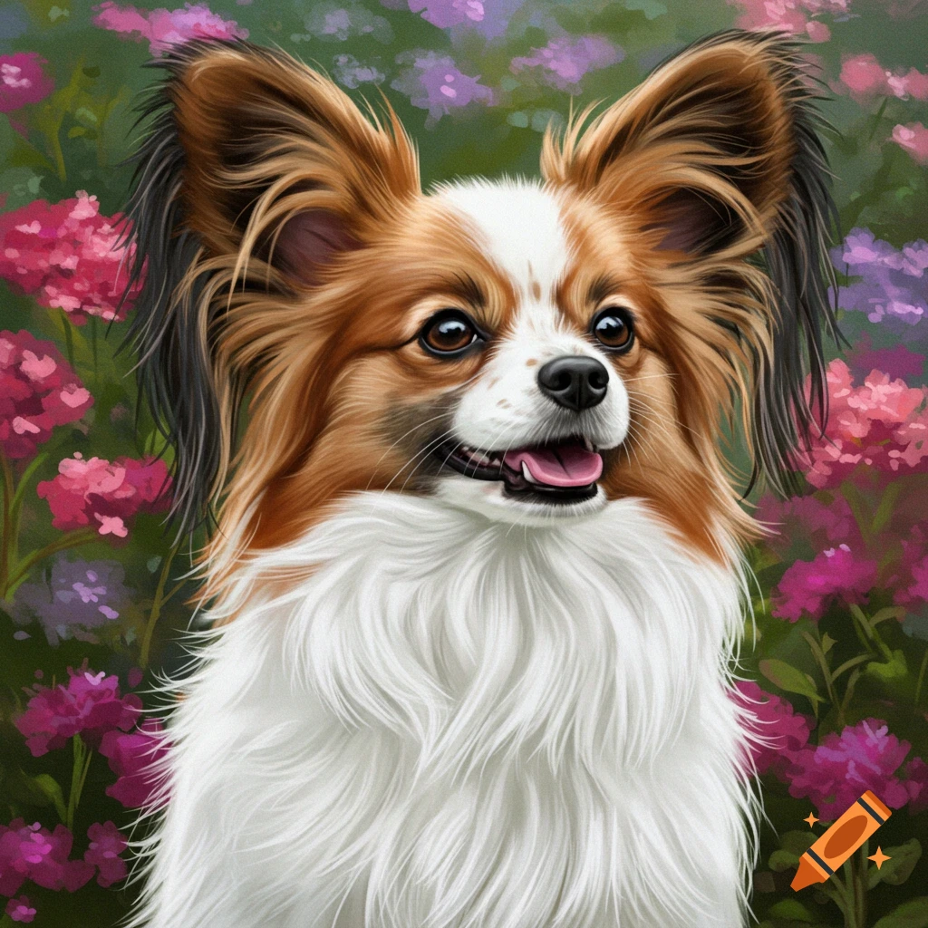 A Papillon dog surrounded by pink and purple flowers.