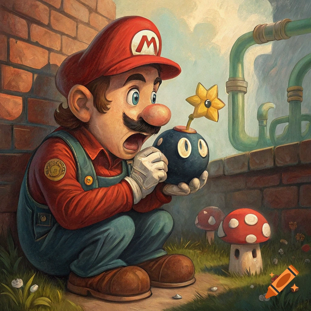 Super Mario holding a Bomb-omb with a star fuse in an oil painting style.