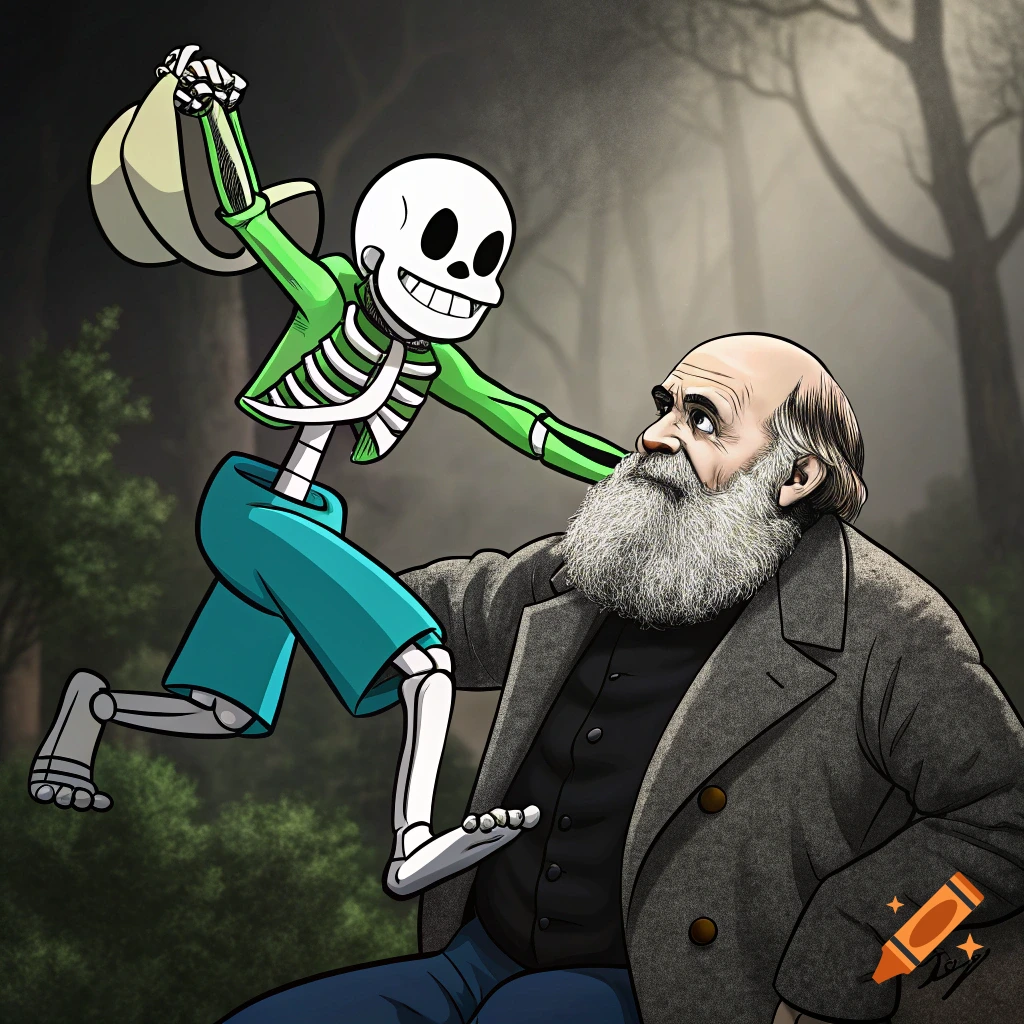Cartoon illustration of a skeleton character in a green jacket holding a hat, interacting with Charles Darwin in a forest.